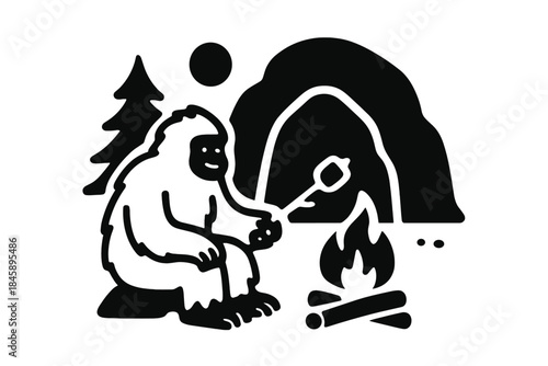 Legendary Sasquatch creature roasting a marshmallow over a campfire near a cave