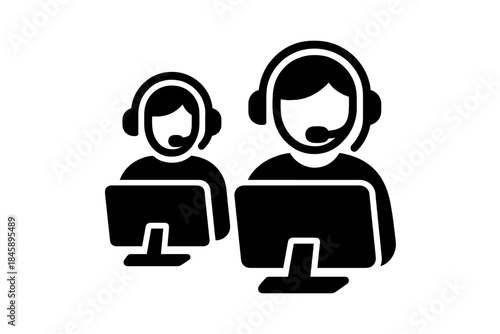 Customer service representatives working at computers wearing headsets with microphones