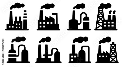 Black silhouette symbols of industrial factories, power stations, and chemical facilities emitting smoke