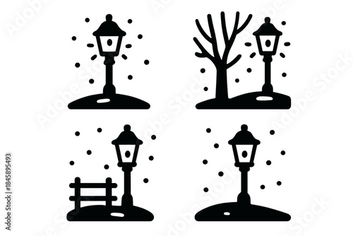 Minimalist winter scenes with old fashioned street lamps and falling snow