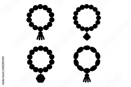 Set of traditional religious prayer beads and mala bracelets in simple silhouette style