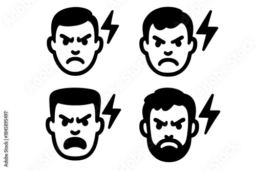 Four angry male faces with lightning bolts symbolizing rage and frustration
