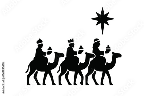 Three Wise Men riding camels following the Star of Bethlehem silhouette for Christmas and Epiphany
