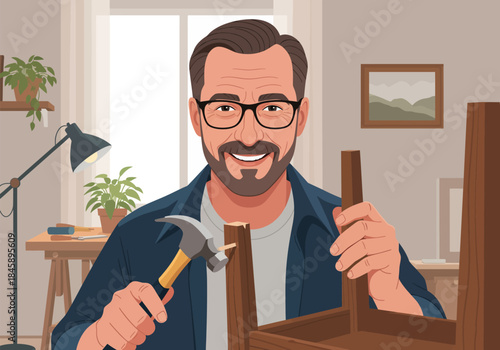 A man holds a hammer and repairs a broken chair while smiling at the camera, performing simple home furniture maintenance.