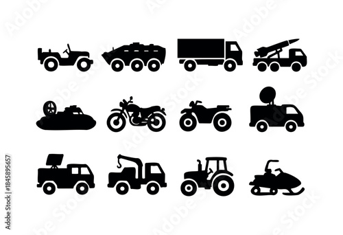 A set of black silhouette icons depicting various specialized vehicles including military, utility, and recreational transport on a white background — stock vector.