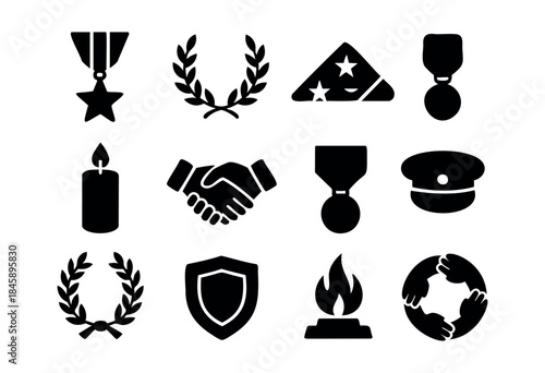 A collection of black silhouette icons representing military service, honor, remembrance, unity, and patriotism — stock vector.