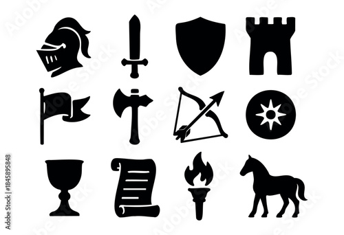 A collection of black silhouette icons representing medieval, fantasy, and adventure concepts like knights, weapons, and historical symbols on a white background — stock vector.