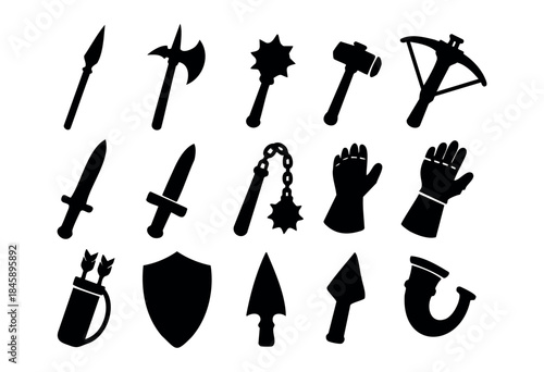 A comprehensive set of black silhouette icons depicting various medieval weapons, armor, and combat accessories isolated on a white background — stock vector.