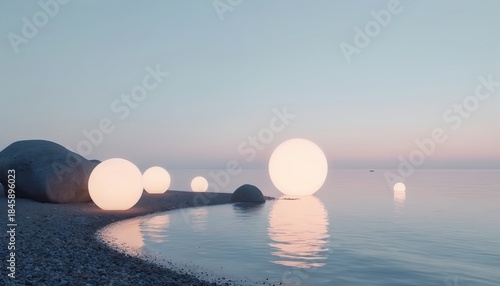 Glowing orbs rest on a calm sea shore at dusk. Smooth water reflects soft pink and blue sky hues. Large smooth rocks sit near luminous spheres creating peaceful mood.