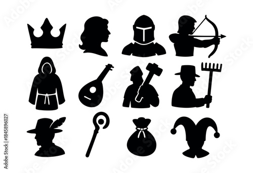 A collection of black silhouette icons depicting various medieval and fantasy characters, roles, objects, and symbols against a white background — stock vector.