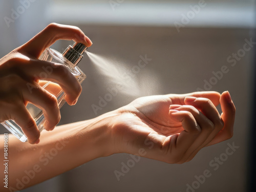 Spraying liquid onto palm isolated on white background
