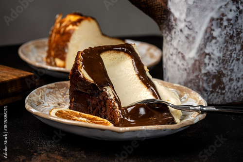 Quadro em tela Basque Burnt Cheesecake Slice With Chocolate