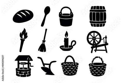 A set of twelve black silhouette vector icons representing traditional rural life, household items, and agricultural tools, isolated on a white background — stock vector.