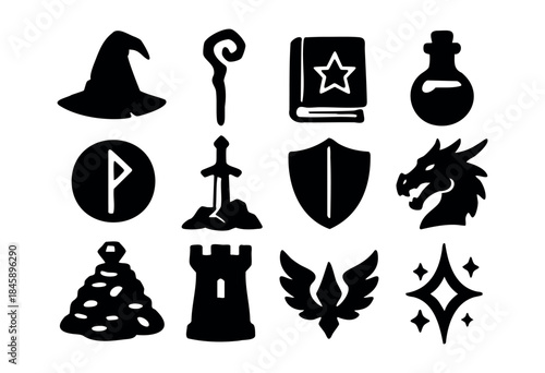 A collection of black silhouette vector icons depicting essential fantasy and medieval elements like magic hats, dragons, swords, and spellbooks, ideal for games and adventure themes — stock vector.