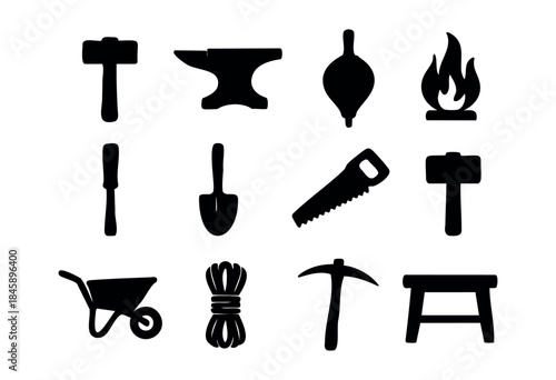 A diverse set of black silhouette icons featuring essential work tools and equipment like hammers, an anvil, a saw, a pickaxe, and a wheelbarrow, all isolated on a white background — stock vector.