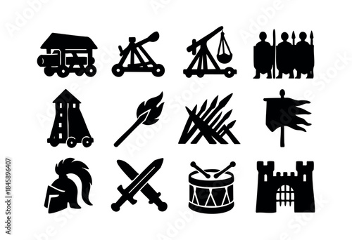 A collection of black silhouette vector icons representing ancient and medieval warfare, siege equipment, and military elements on a white background — stock vector.
