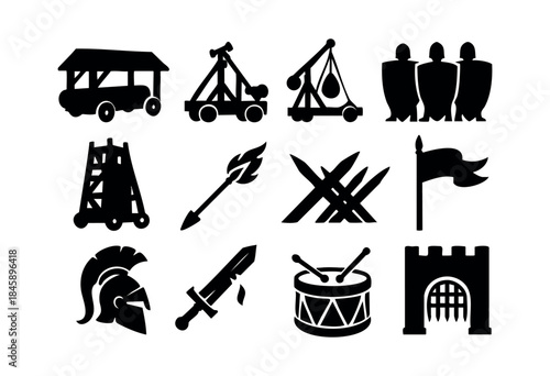 This vector illustration features a set of black silhouettes representing medieval siege weapons, army components, and historical battle elements on a white background — stock vector.