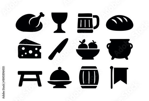 A set of solid black glyph icons depicting common food, drink, and objects associated with medieval feasts and rustic settings, isolated on white — stock vector.