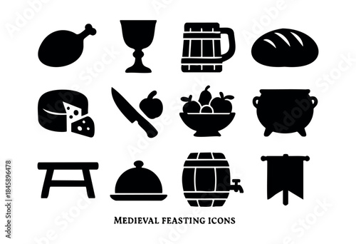 A collection of black silhouette vector icons representing various food, drink, and dining elements from a medieval banquet on a white background — stock vector.