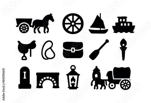 A collection of black silhouette icons depicting historical modes of transport, tools, and journey elements on a white background — stock vector.