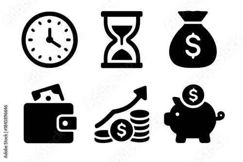 Financial management and time planning symbols: clock, hourglass, money bag, wallet, piggy bank, and growth chart