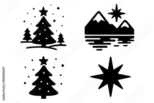 Minimalist black and white icons of Christmas trees, mountains, and celestial stars