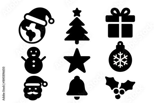 Set of black Christmas and winter holiday icons featuring Santa, snowman, tree, and gift box