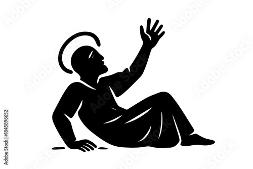 Religious figure silhouette with halo sitting on the ground reaching up to the sky