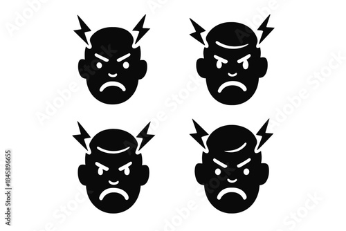 Four stylized icons depicting intense anger, stress, and frustration with electric bolts
