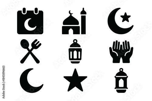 Black glyph icons representing Islamic culture, Ramadan, fasting, and prayer