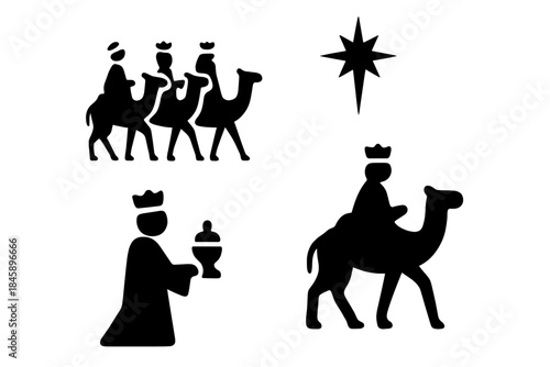 Three Kings Magi riding camels following the Star of Bethlehem religious Christmas
