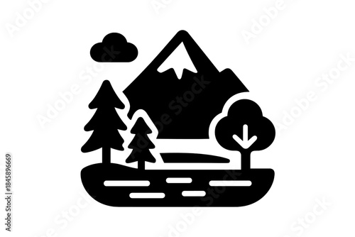 Minimalist black symbol of a natural mountain landscape featuring evergreen trees and a cloud