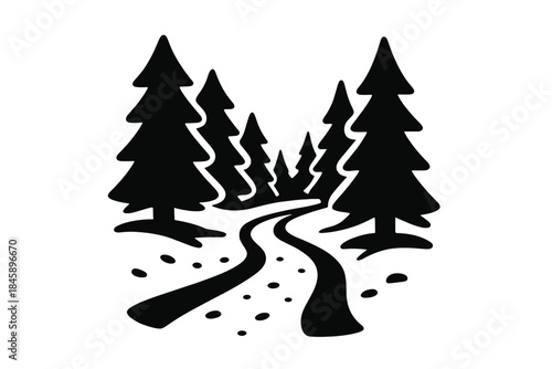 Stylized black and white winding path through a dense forest of evergreen pine trees