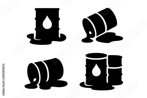 Black silhouettes collection showing leaking industrial oil drums and spilled liquid