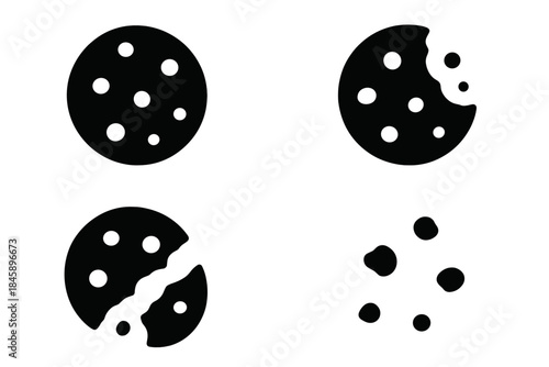 Monochrome icons of chocolate chip cookies showing whole, bitten, and crumb stages
