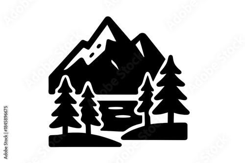 Minimalist black graphic of a mountain range, pine trees, and a serene lake