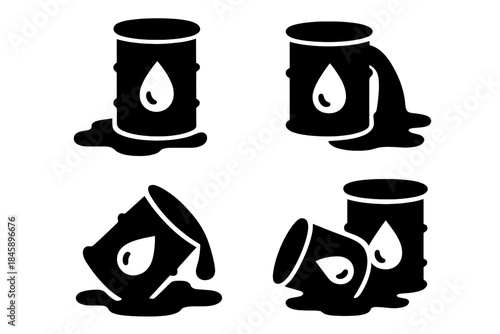 Industrial barrels leaking hazardous fluid symbols for environmental contamination