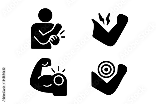 Black glyph icons showing arm pain, elbow injury, muscle strain, and medical treatment locations