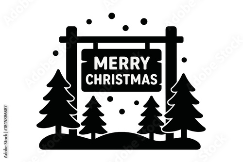Black silhouette Christmas greeting signpost surrounded by stylized evergreen trees and falling snow