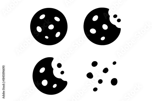 Minimalist icons of whole and partially eaten chocolate chip cookies with scattered crumbs