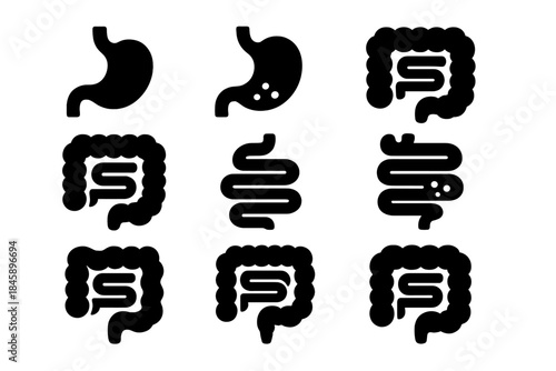 Black silhouette collection of human digestive system organs including stomach and intestines