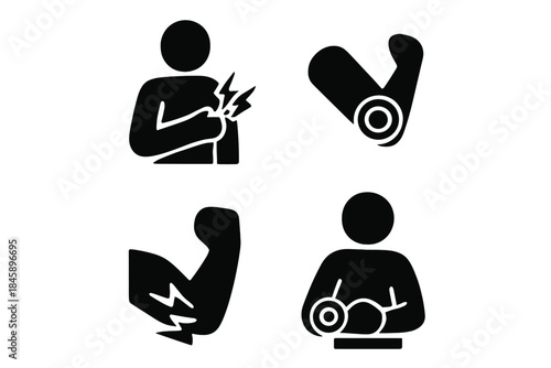 Physical injury, muscle pain, elbow joint issues, and strength training concepts