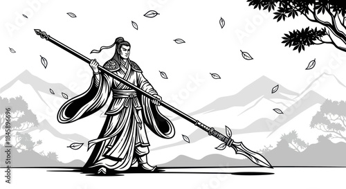 Ancient Warrior Holding a Long Spear in Traditional Attire.