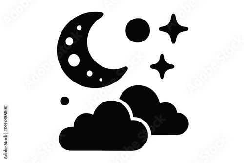 Simple monochrome symbol of nighttime weather with crescent moon, stars, and clouds