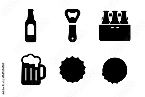 Black glyph symbols of beer and beverage items: bottle, opener, six pack, mug, cap