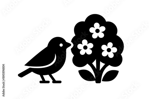 Minimalist silhouette of a small songbird standing near a stylized blooming flower bush
