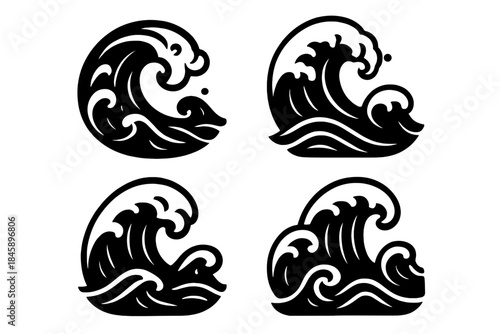 Four stylized black and white ocean wave designs in traditional Japanese art style