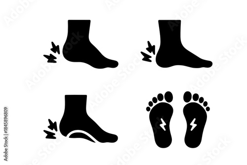 Set of black silhouette icons illustrating human foot pain symptoms and injuries