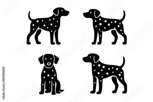 Minimalist black and white spotted dog silhouettes in standing and sitting poses