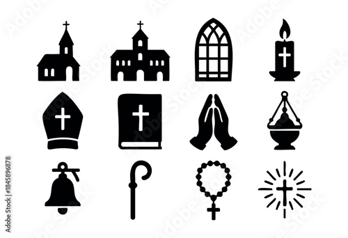 A collection of black silhouette icons representing various Christian religious symbols and elements of worship on a white background — stock vector.